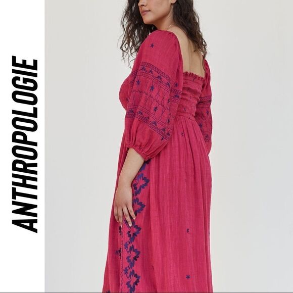 ANTHROPOLOGIE BONNIE SMOCKED MIDI DRESS NEW MAGENTA COMBO MEDIUM - Picture 4 of 16